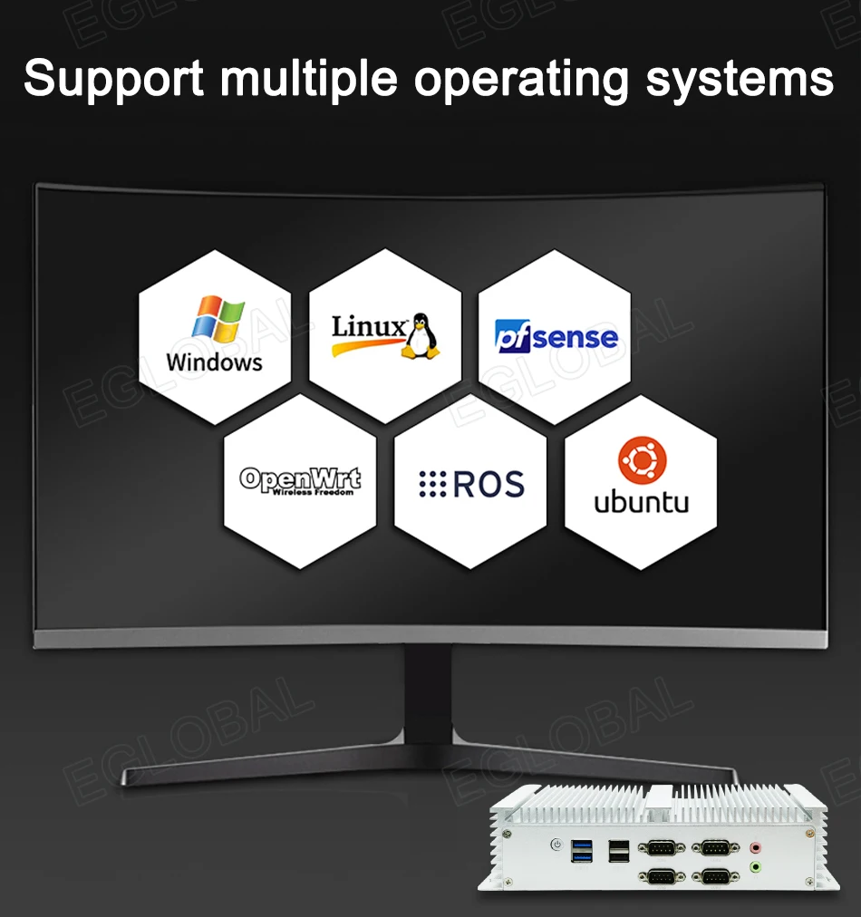 Eglobal Industrial Fanless Mini PC with I5 6300U, I7 10510U, Windows 7/8/10, VPN Router, VGA, HDMI, 4G, WiFi, BT Description Image.
