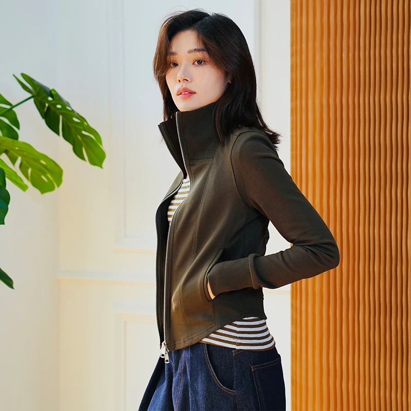 

Women's casual stand up collar, heavy industry long sleeved short jacket, fashionable splicing, slimming appearance