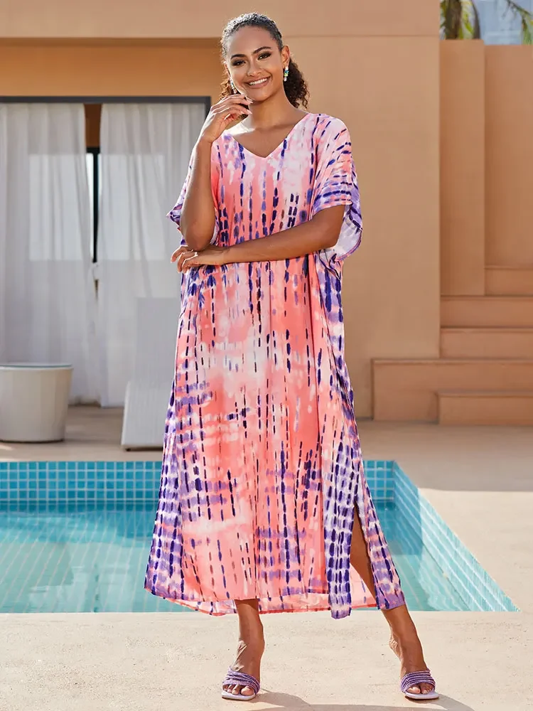 Bohemian Striped Print Women Beach Dress Bathing Suit Cover Up Summer Tunic For Woman Beachwear Robe de plage Kaftan Q1218