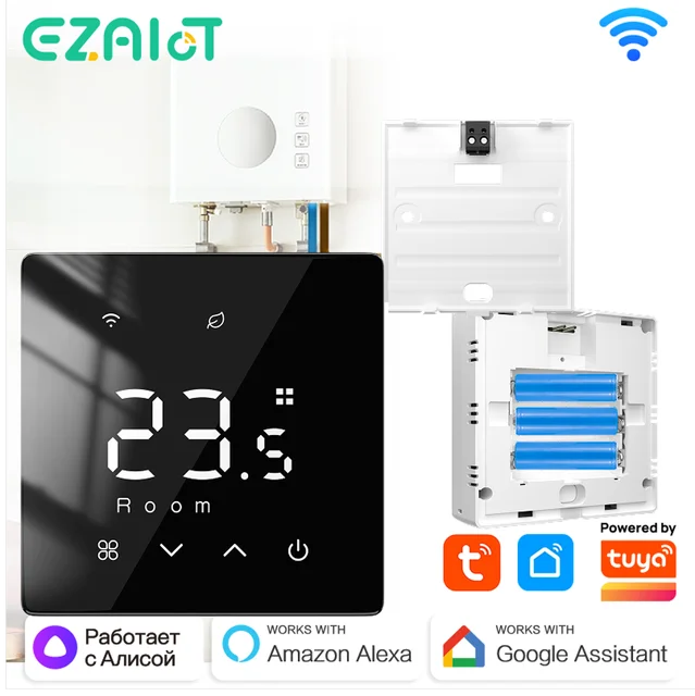 เทอร์โมสตัทควบคุมอุณหภูมิแก๊สแบบไร้สายอัจฉริยะ Tuya WiFi Zigbee ตั้งโปรแกรมได้ทุกวัน ใช้พลังงานจากแบตเตอรี่ รองรับ Alexa และ Google Home 1