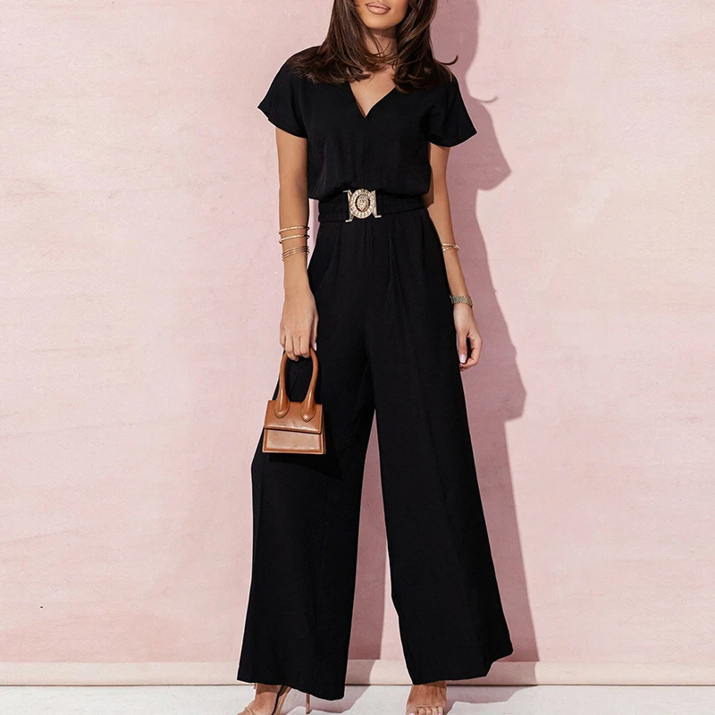 Fashion Short Sleeve Commute Wide Leg Pant Jumpsuit Casual Solid Color V Neck Loose Jumpsuit Women High Waist Temperament Romper