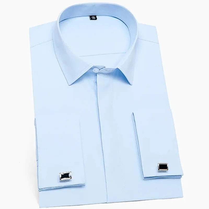 Men's French Cufflinks Romantic Date Shirt Four Seasons Long Sleeved Social Formal Banquet Shirt White Pink Light Blue Fit Top