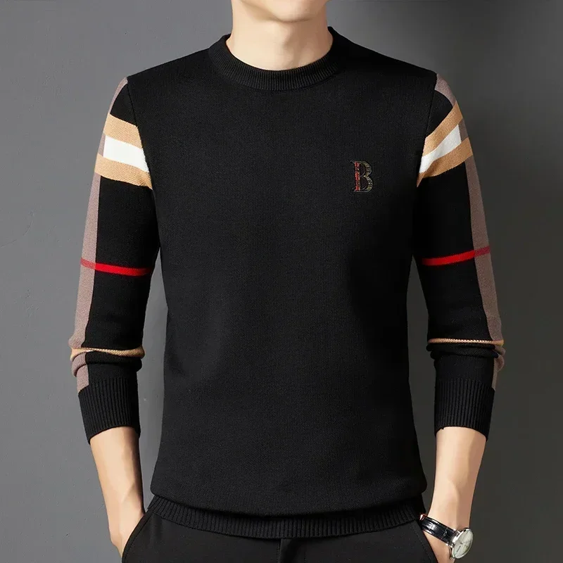 Men's Turtleneck Sweater Basic Sweater Jacquard Sweater Knitted Pullover Autumn/Winter Striped Checker Round Neck Casual Fashion Clothing