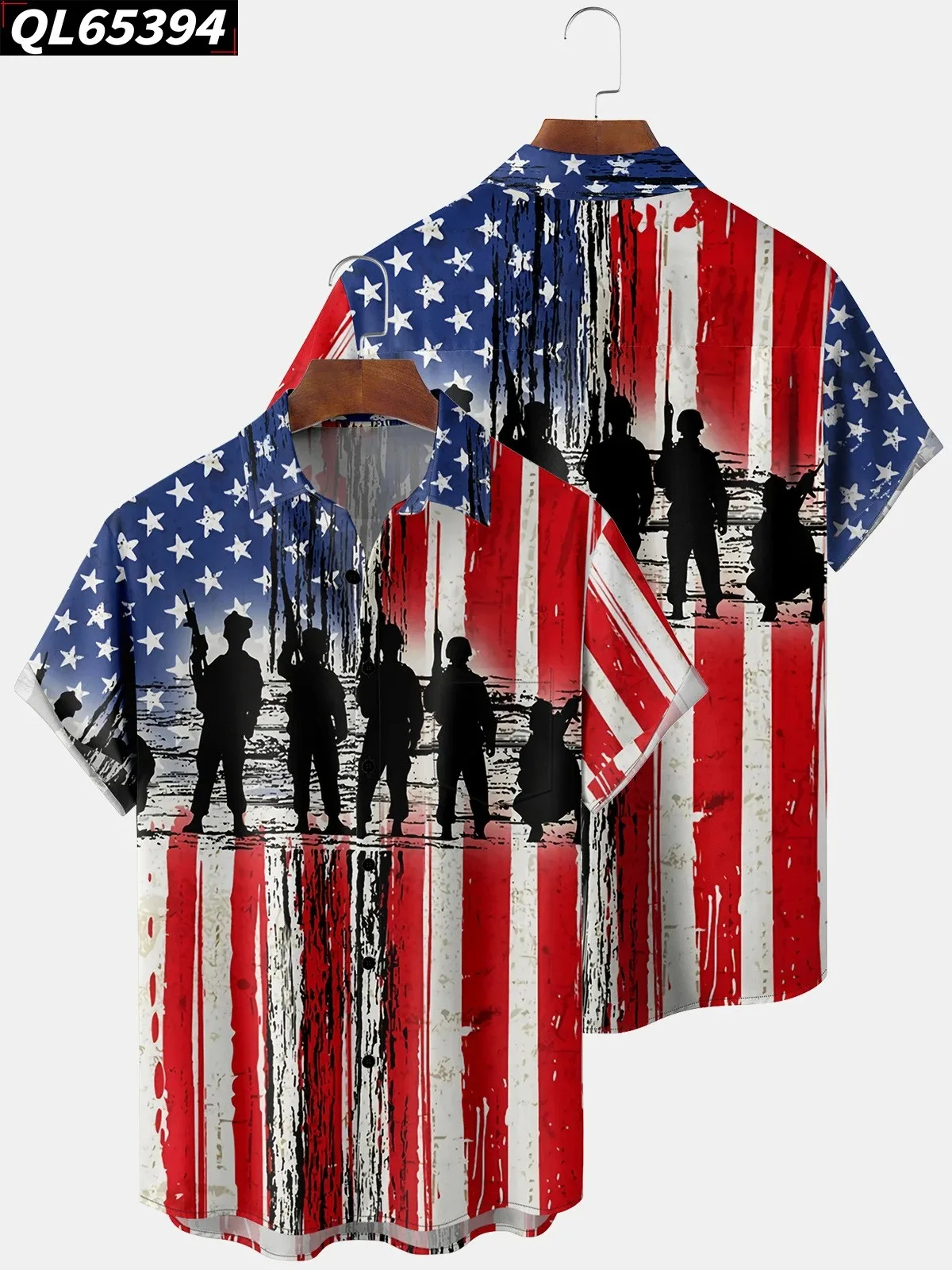 Summer Hawaiian Men's Shirts Short Sleeve Button Tops Flag Striped Statue Of Liberty Print High Quality Vacation Pocket Clothing