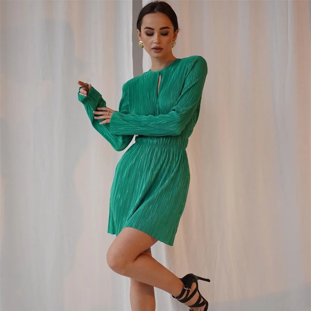 Elegant Long Sleeve Pleated Dress Women Fashion Casual Black Ruched Party Dresses Sexy Hollow Slim Solid Dress Spring 2022 New bodycon dress