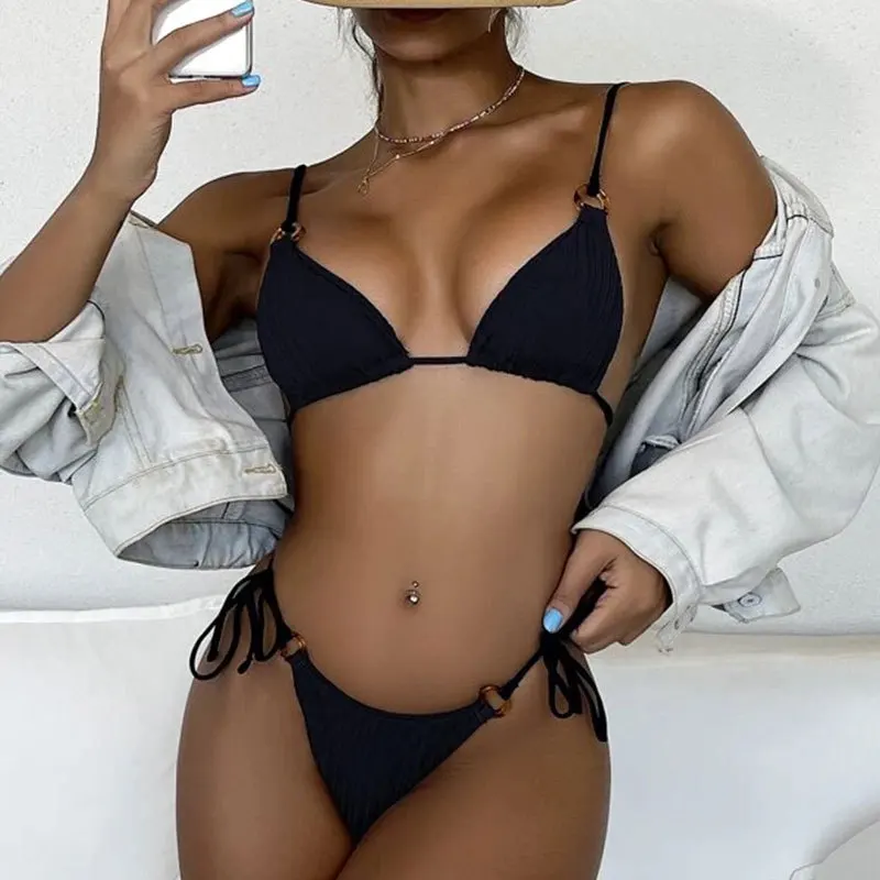 

Sexy Lace Up Bikini Set Women 2022 New Solid Low Waist Swimsuit Backless Triangle Swimwear Female Brazilian Beach Bathing Suit