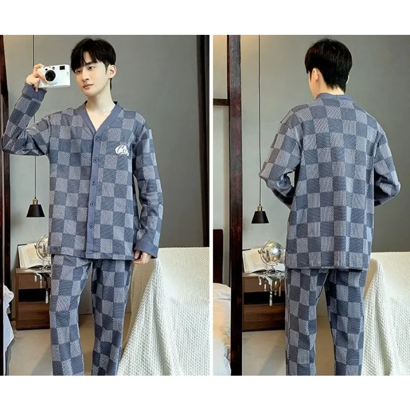 2024 New Cotton Pajama Men Long-sleeved Spring Autumn Sleepwear Cardigan Plus Size Cotton Youth Middle-aged V-neck Homewear Suit