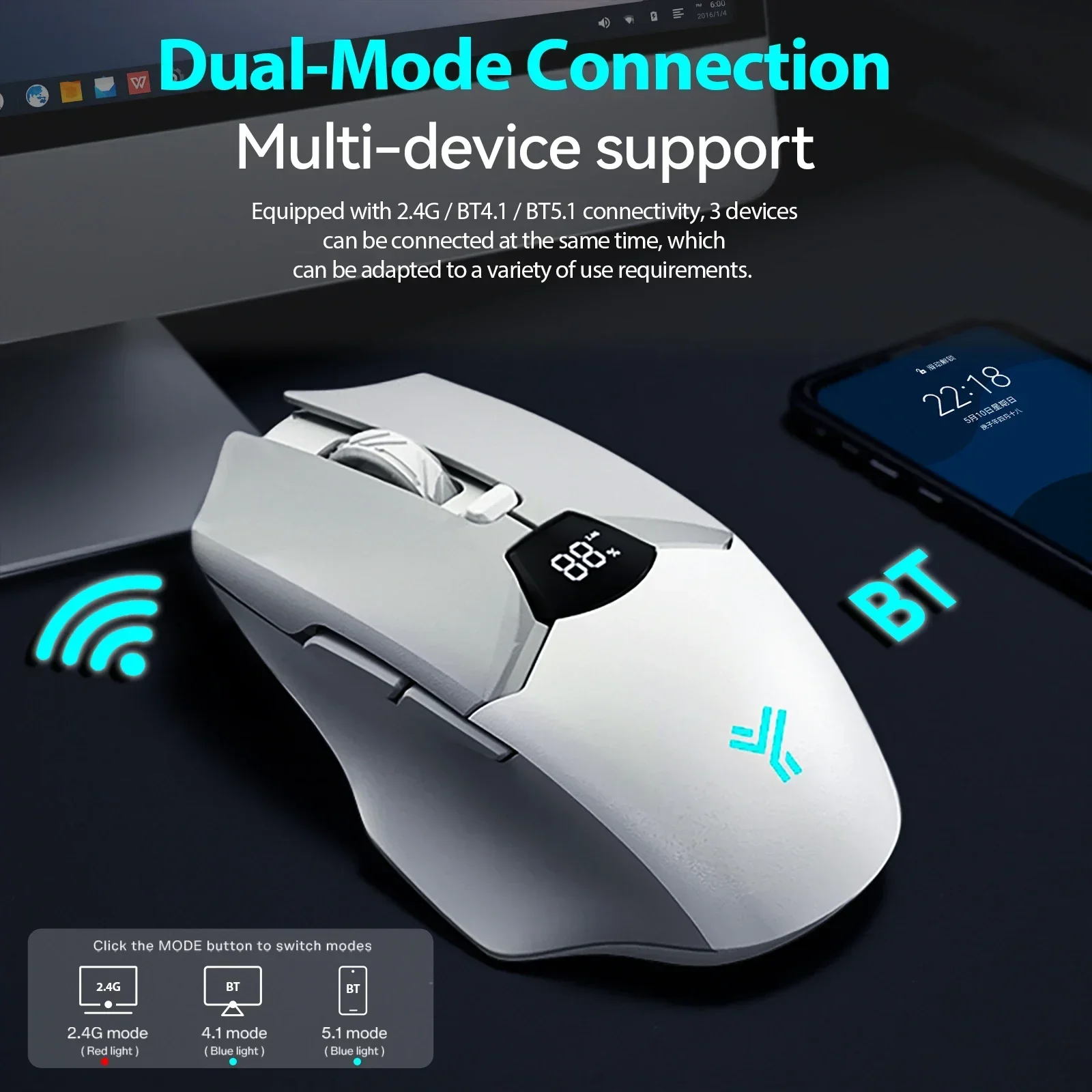 Ergonomic Silent Wireless Bluetooth Mouse with Digital Battery Display