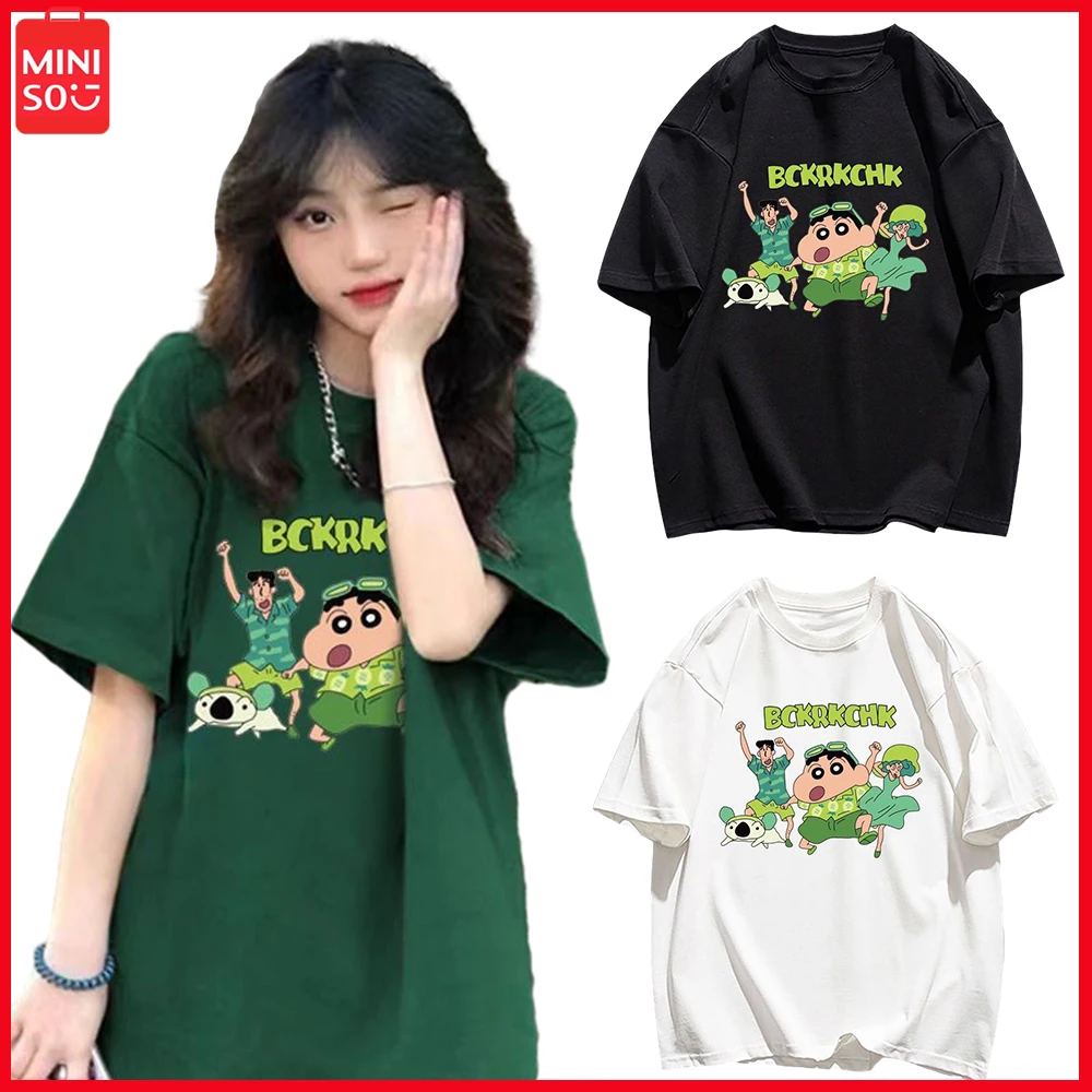 

Miniso Crayon Shin-Chan Cartoon Anime Korean Edition Women's Printed T-Shirt Trend Academy Style Pullover Autumn Casual Wear