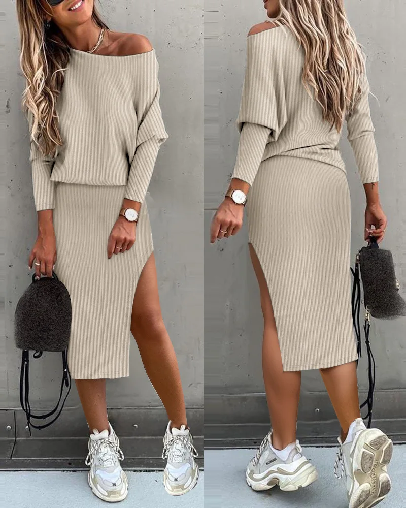 

Gigot Sleeve Skew Neck Top & Slit Skirt Set Women Solid Color Long Sleeve Tops Pullover High Waist Straight Skirt Fashion