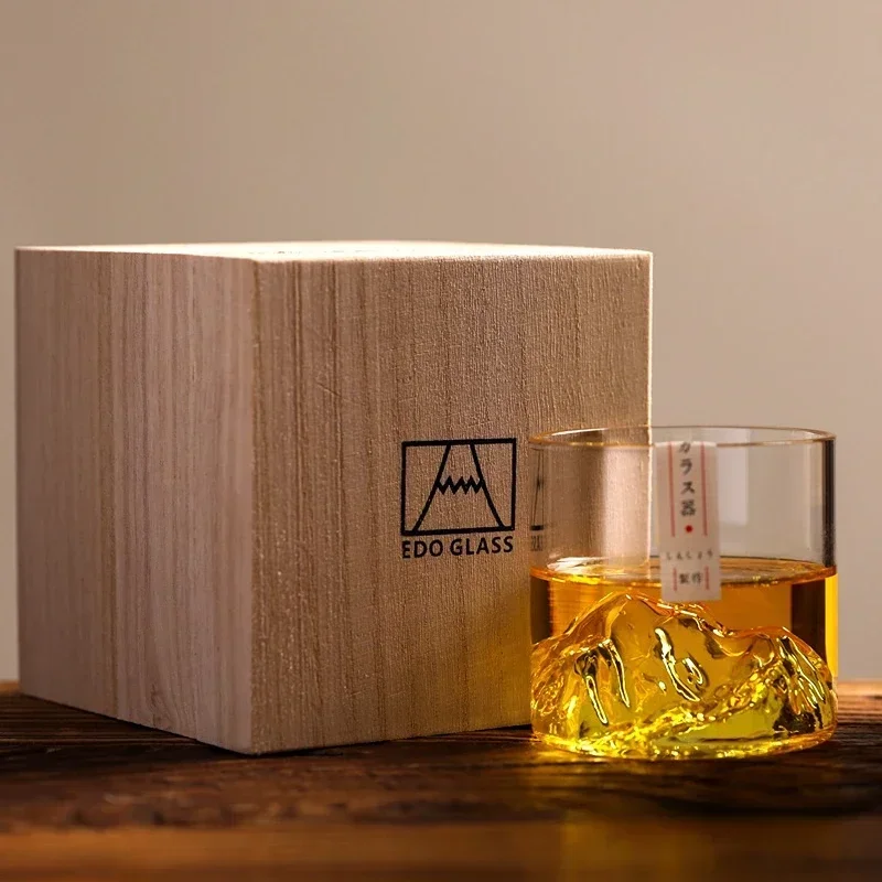 Japan 3D Mountain Whiskey Glass with Wooden Gift Box