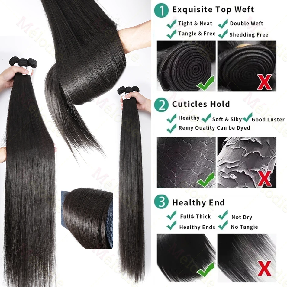 MELODIE 40 42 Inches Bone Straight Human Hair Weave Bundles Human Hair Extensions 3 4 Bundles Double Weft Bulk Braiding