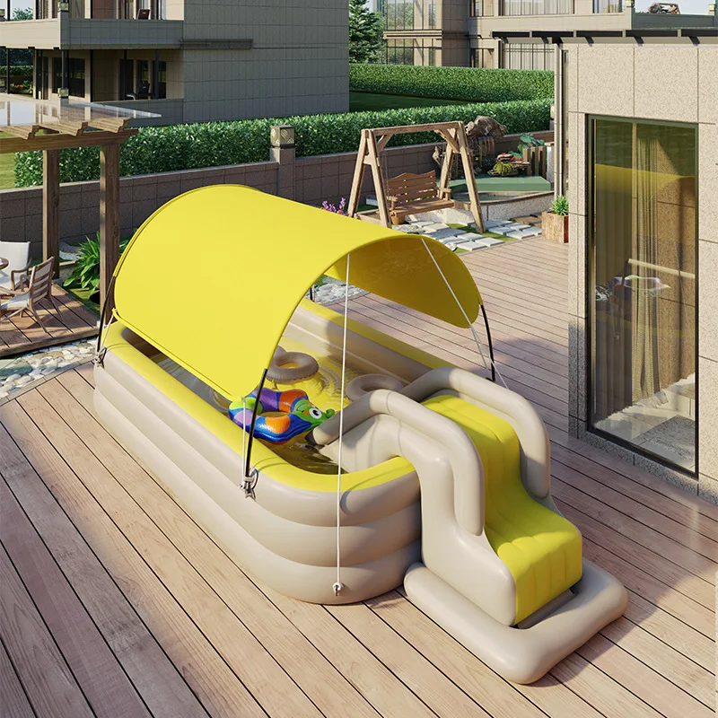Inflatable Swimming Pool Inflatable Kid Swimming Pool with Awning Thicken PVC Large Children&rsquo;s Paddling Pool with Slide Outdoor Swimming Pools for Family