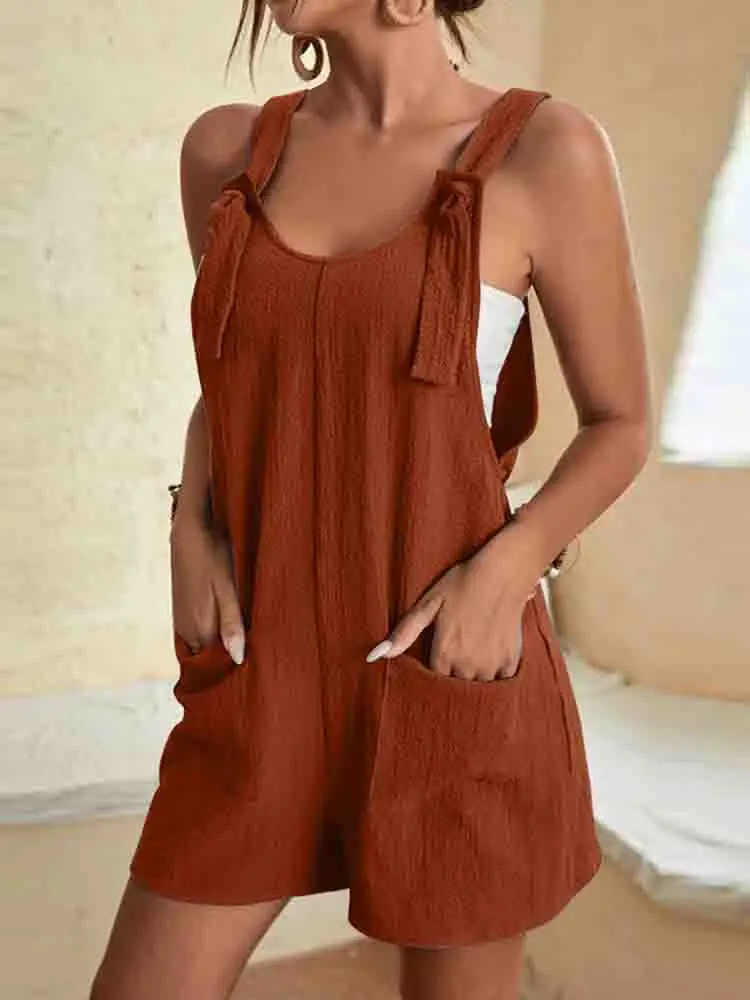 Mono corto informal de verano para mujer, peto holgado sin mangas con correa de nudo y bolsillos, 2024 - Image 6