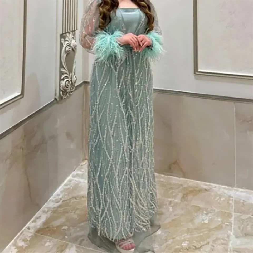 Customized Feathers Beaded Sequin Long Sleeves Evening Gala Wedding Dresses 2026 Floor Length Satin Tulle Bridal Gowns For Women