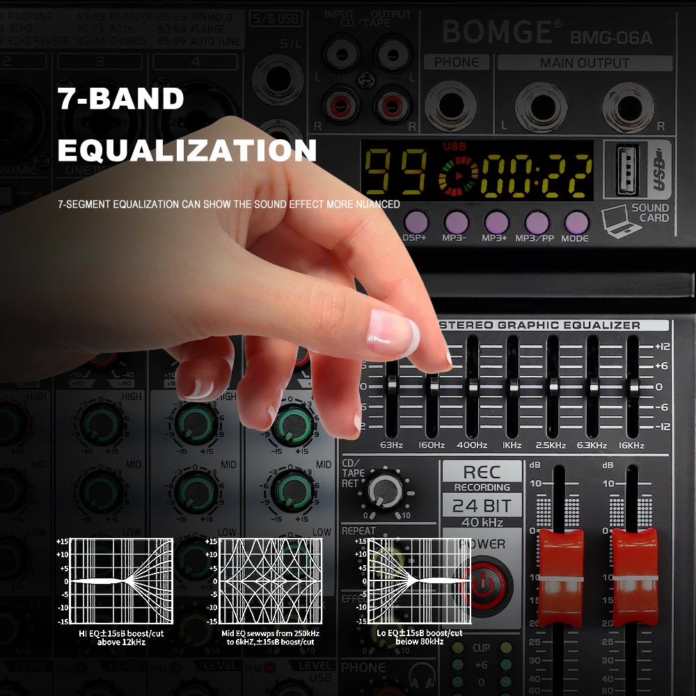 Professional metal 99DSP 6 Channel Recording Audio Mixer interface With USB 48V BT Sound Console Card for PC MP3 DJ karaoke