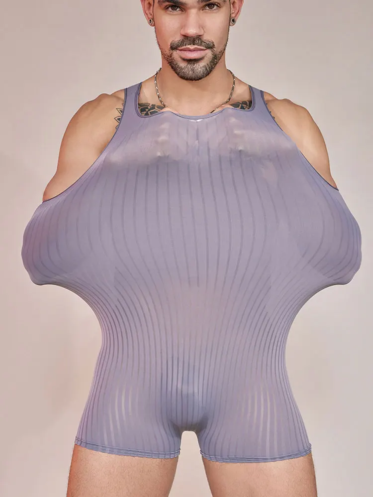 Men's Stripe Thin Bodysuit High Elastic Sheer See Through Tights U Convex Pouch Sexy Breathable Playsuit Man Shaper Dance Wear