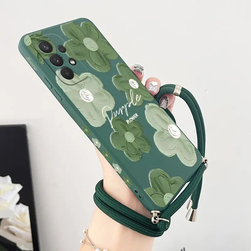 Green Floral Crossbody Lanyard Silicone Phone Case Cover