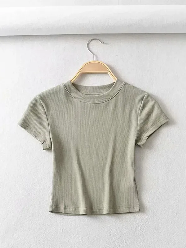 Sexy Women O-neck Short-sleeve T-shirt Slim Elastic Skinny Crop Tops