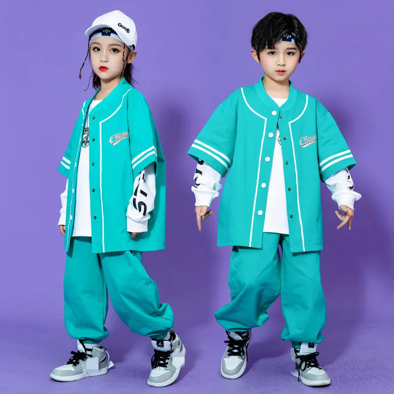 

Boys Kpop Hip Hop Clothes Blue Cardigan Baseball Shirt Long Sleeve Top White Sweatshirt Casual Pants Kid Girl Jazz Dance Costume