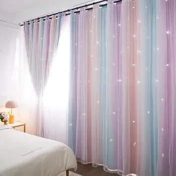 Tende arcobaleno colorate per bambini per camera da letto Tende scintillanti scavate con stelle per ragazze Decorazione per finestra superiore con occhiello antico 1