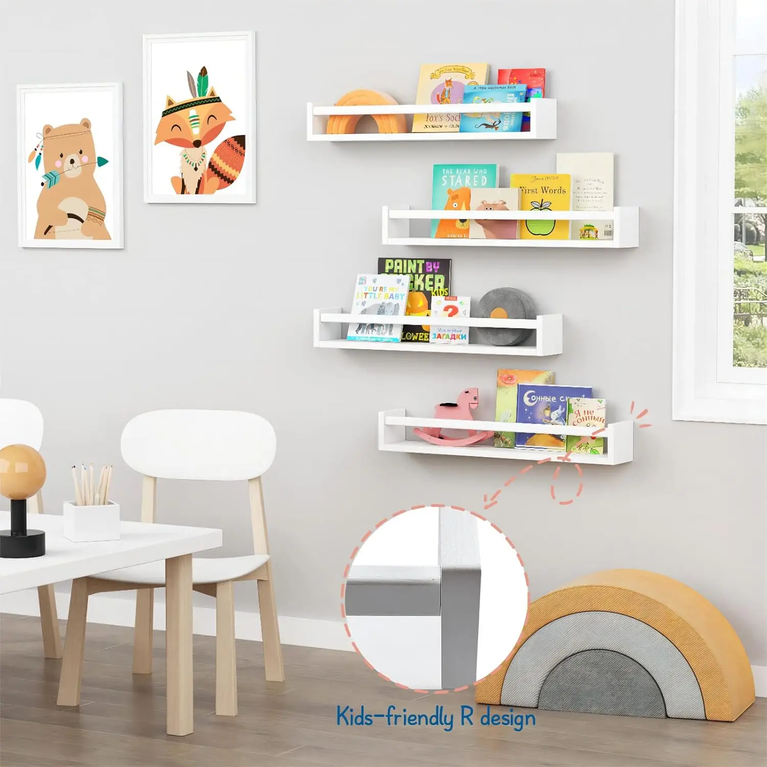 24-Inch Children's Bedroom Wall Bookcase (Set of 4), White Floating Baby Bookcase, Large Wooden Wall Bookcase and Toy Organizer 6