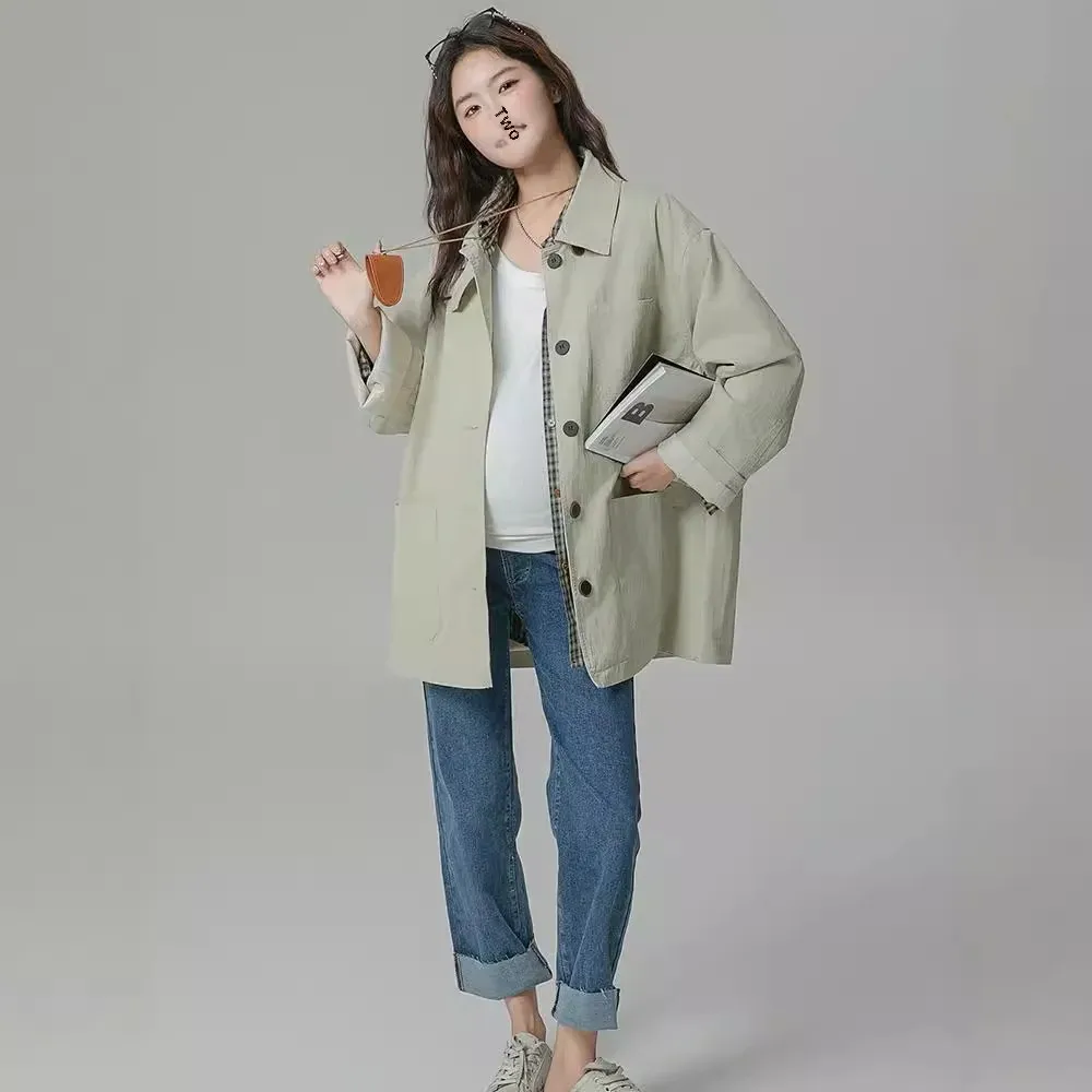 Maternity Coat Autumn Winter Fashionable Korean Style Casual Long Coat Large Size Loose Maternity Top for Pregnant Women