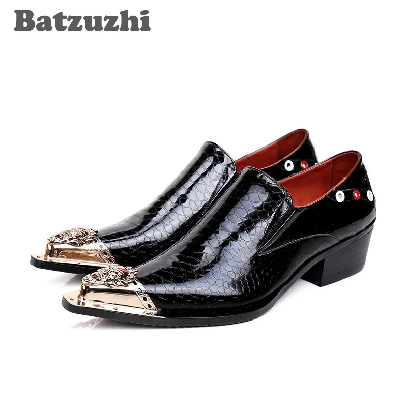 

Batzuzhi Luxury Men Shoes Nightclub Pointed Metal Toe Black Leather Dress Shoes Men for Business/Party, Big Sizes US6-12