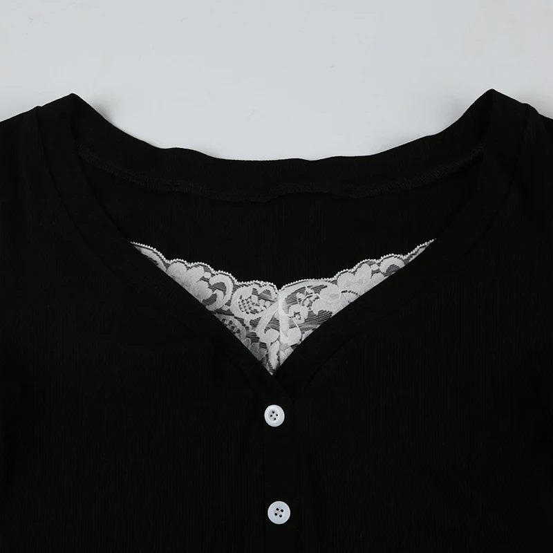 Contrast Lace Patchwork Cute Y2K Slim Long Sleeve Black T-Shirts Women Button Up V Neck Basic Spring Autumn Tee