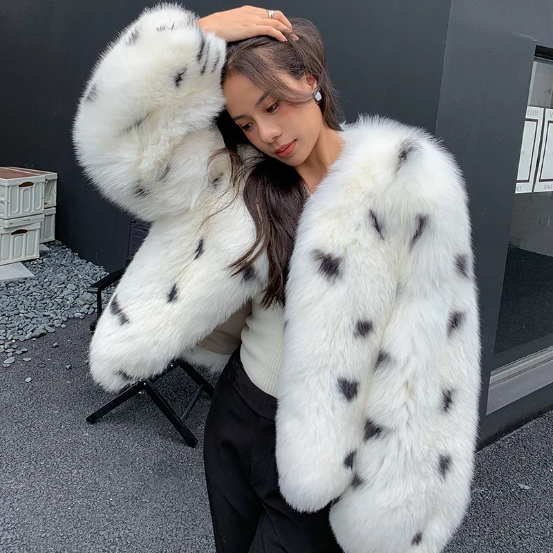 

New 2022 fashion polka dot Full Sleeves real fox fur coats Plus Size Female naturl Fox fur Coats outerwear AN08