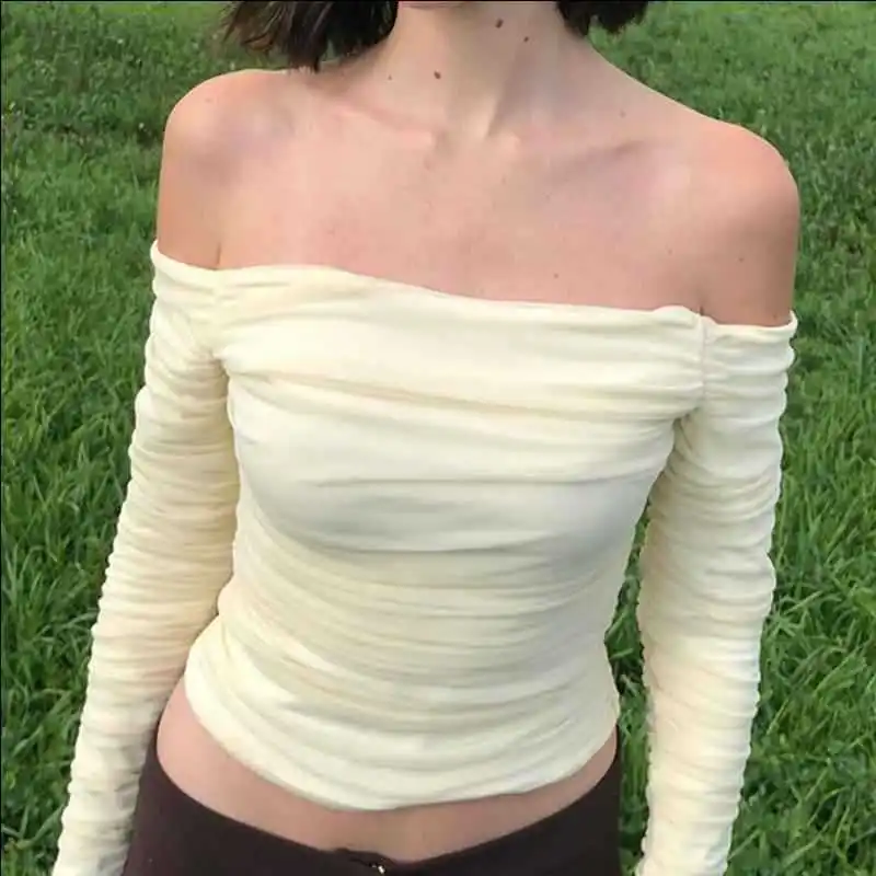 

Autumn New Women'S Sexy Off-The-Shoulder Slim-Fit T-Shirt Sweet Girls Mesh Bell Sleeve Long-Sleeved Solid Navel Shirred Top