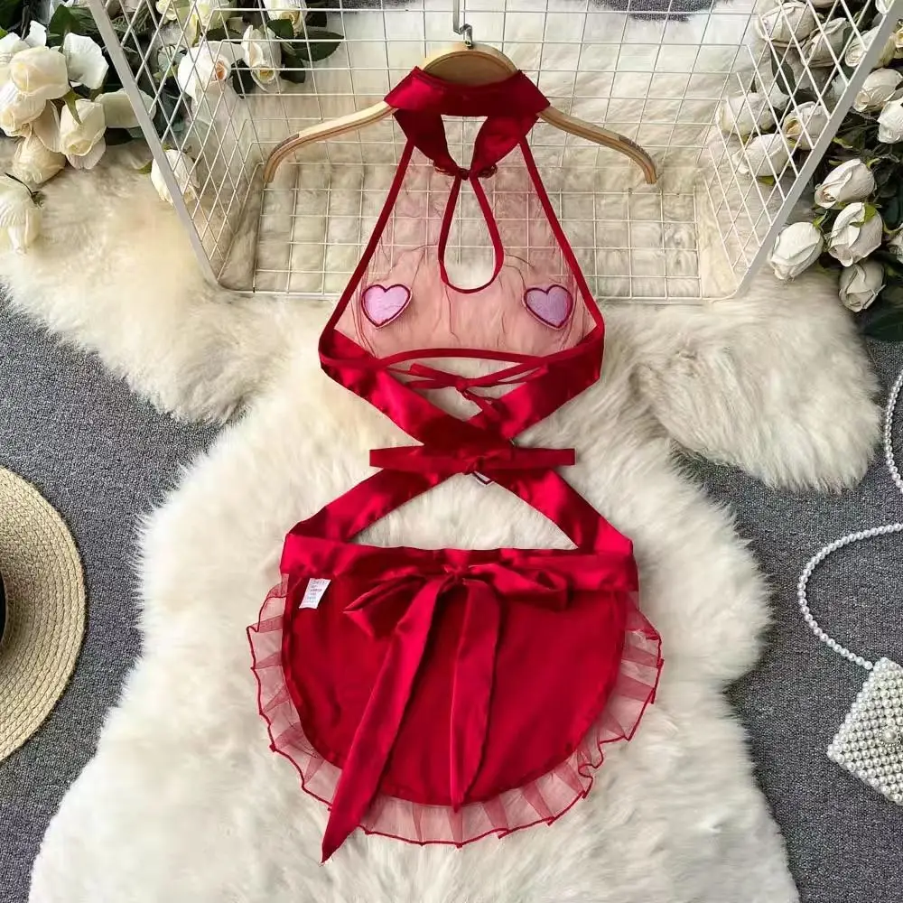 Sexy Hollow Out Pajamas Women Cosplay Servant Tie Backless Neck Hang Set Patchwork Heart-Shaped Red See-through HotSweet Dress 2