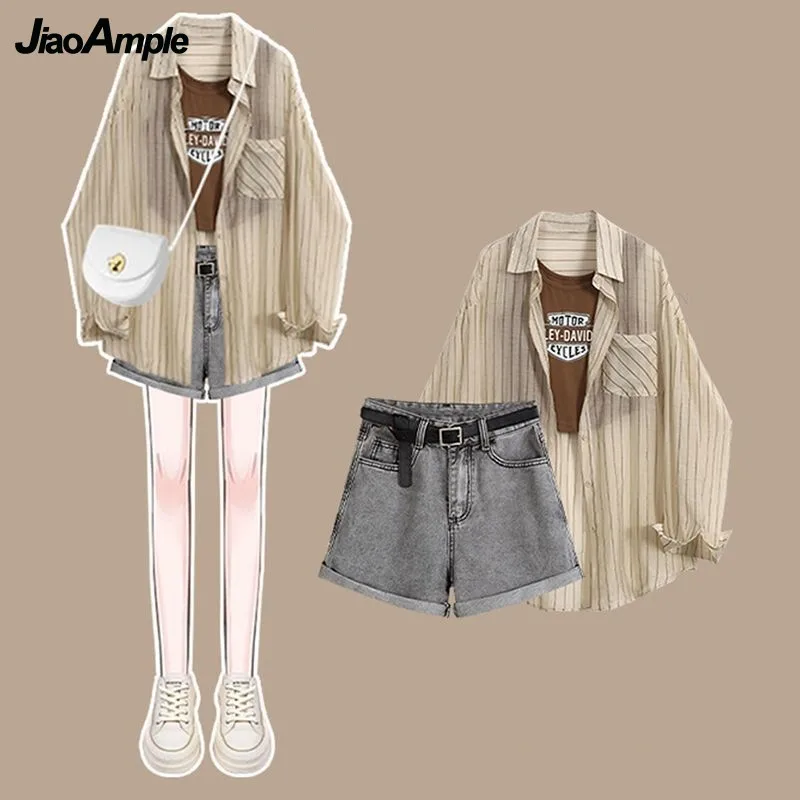 

2024 Summer New Sportswear Matching Set Women's Casual Sunscreen Long Sleeved Stripe Shirt+Strap+Denim Shorts Three Piece Suit