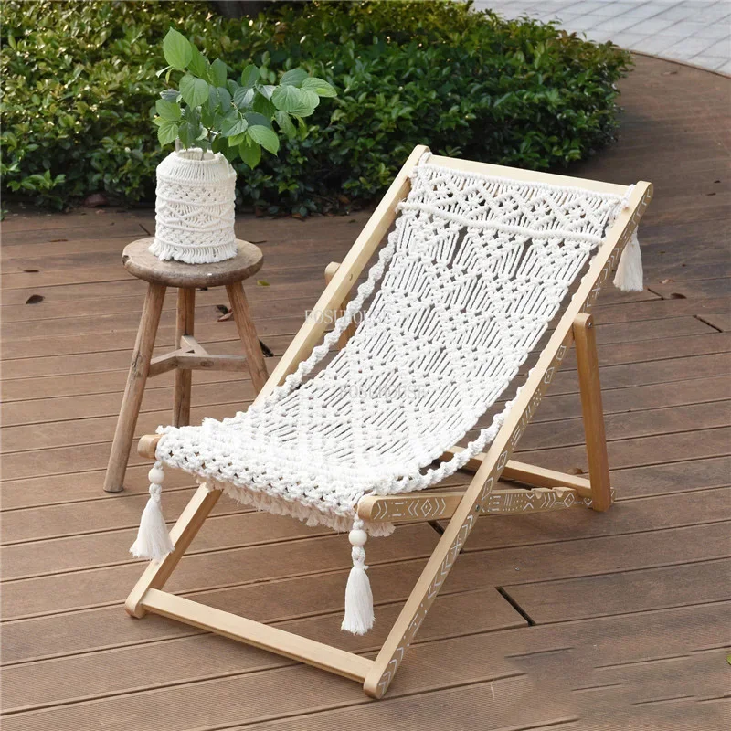 Folding Designer Living Room Chair Hand-woven Recliner Moroccan Folk Original Chair Leisure Beech Wood Comfortable Loung Chairs