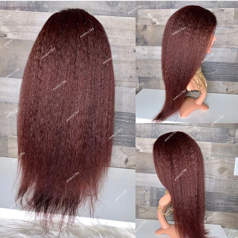 레드디쉬 다크 브라운 킨키 스트레이트 V 파트 가발, 미가공 다크 오번 구리 버건디 야키 스트레이트 풀 U 모양, 100% 인모