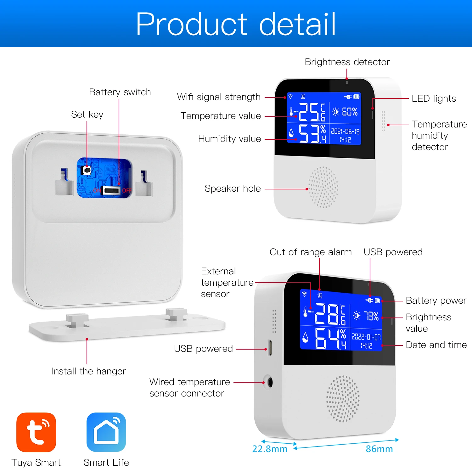 Monitor de temperatura y humedad WiFi: sensor inteligente de temperatura y  humedad mejorado con gran pantalla LCD retroiluminada y alertas de