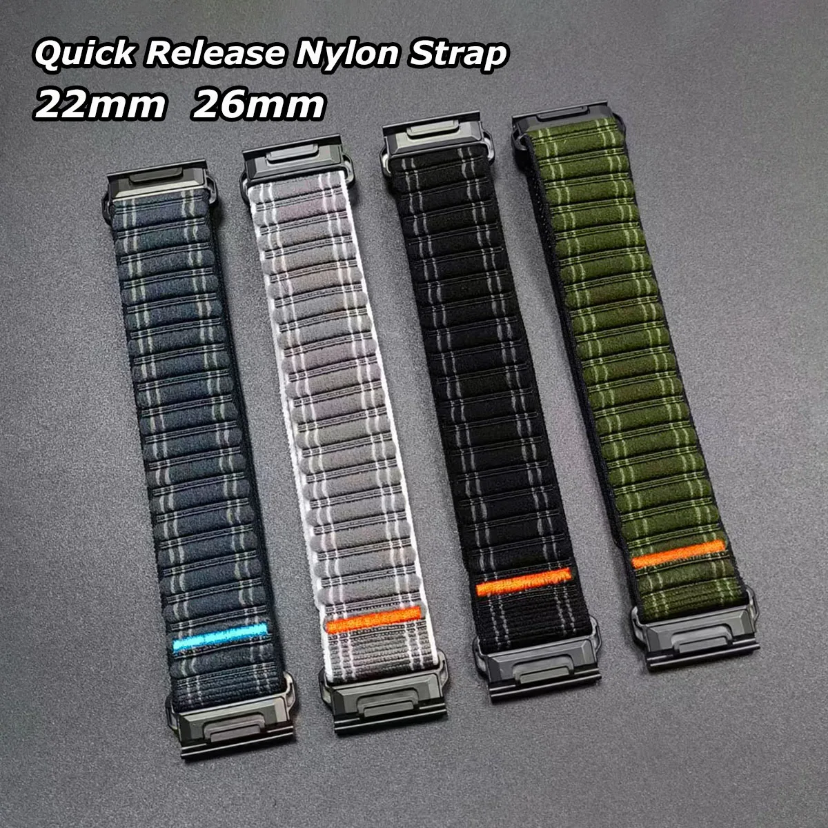 Premium Loop Nylon Watch Strap with Velcro Band and Quickfit Bracelet, 26/22mm