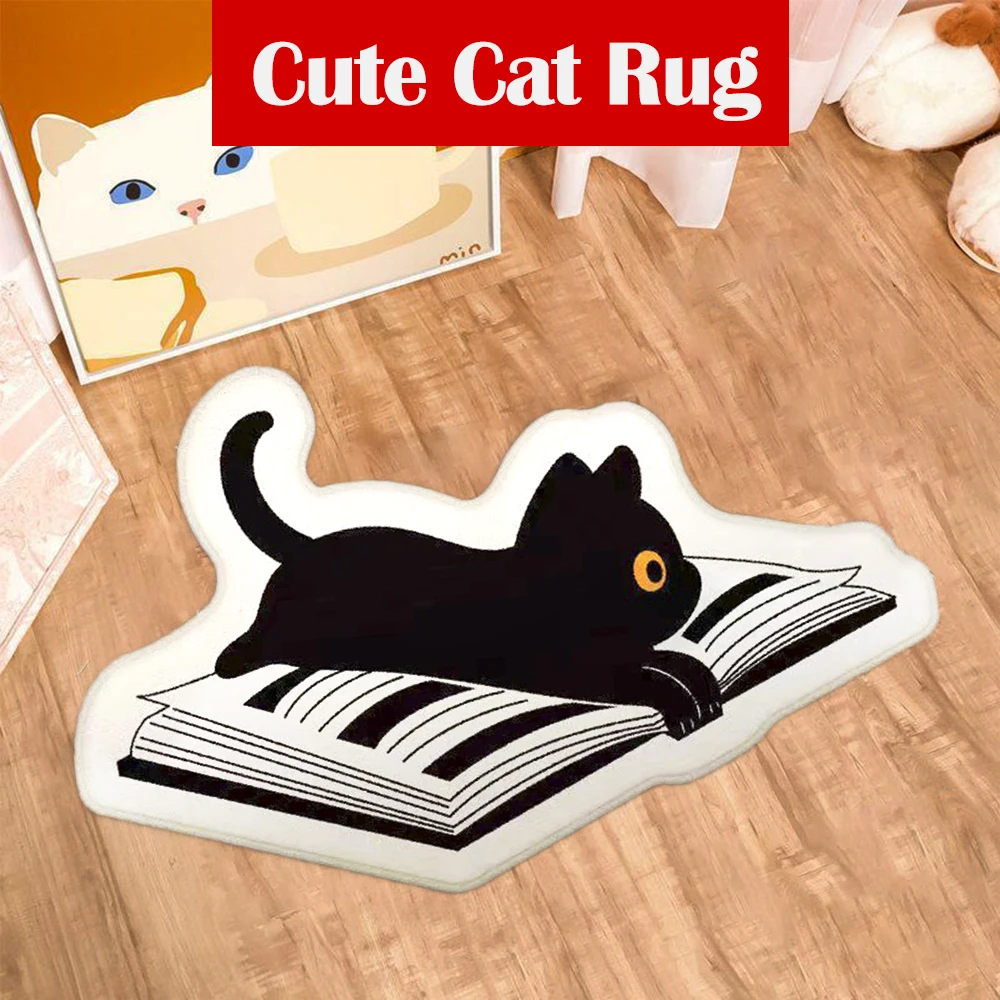 

Cute Cartoon Floor Mat Black Cat Rug Bedroom Carpet Living Room Imitation Cashmere Doormat Soft Fluffy Bathroom Absorbent Mat