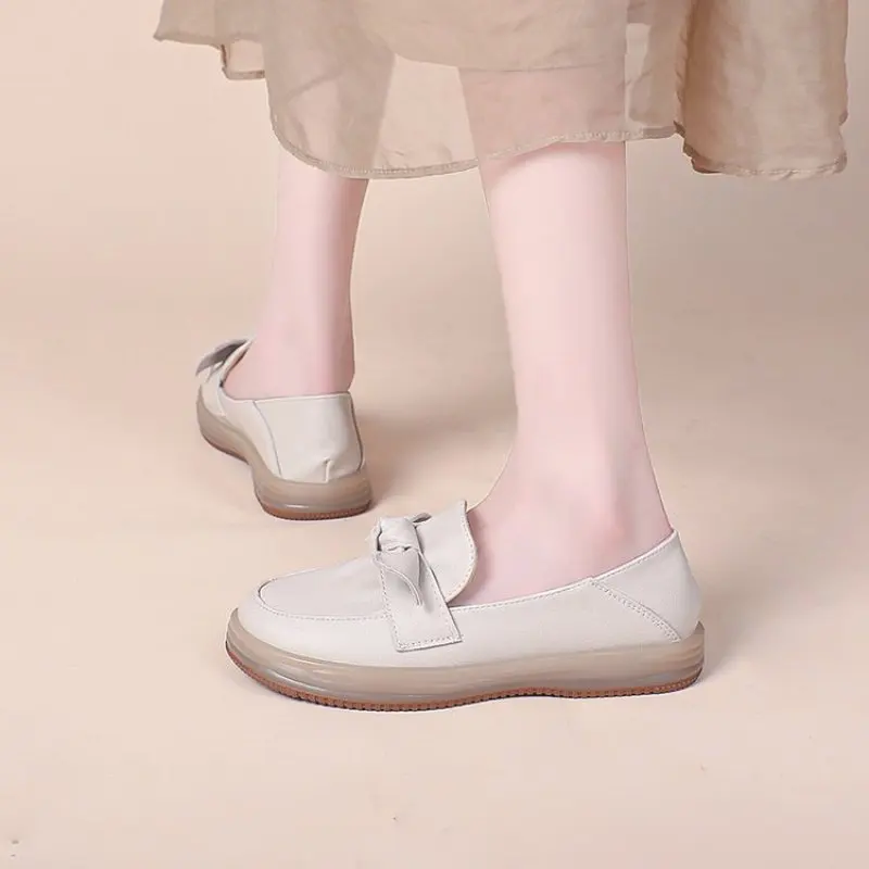 2024 Fashion comfort Women Genuine Cow Leather Flat Shoes Round Toe Bowknot Slip on Ladies Flats Handmade Casual simple
