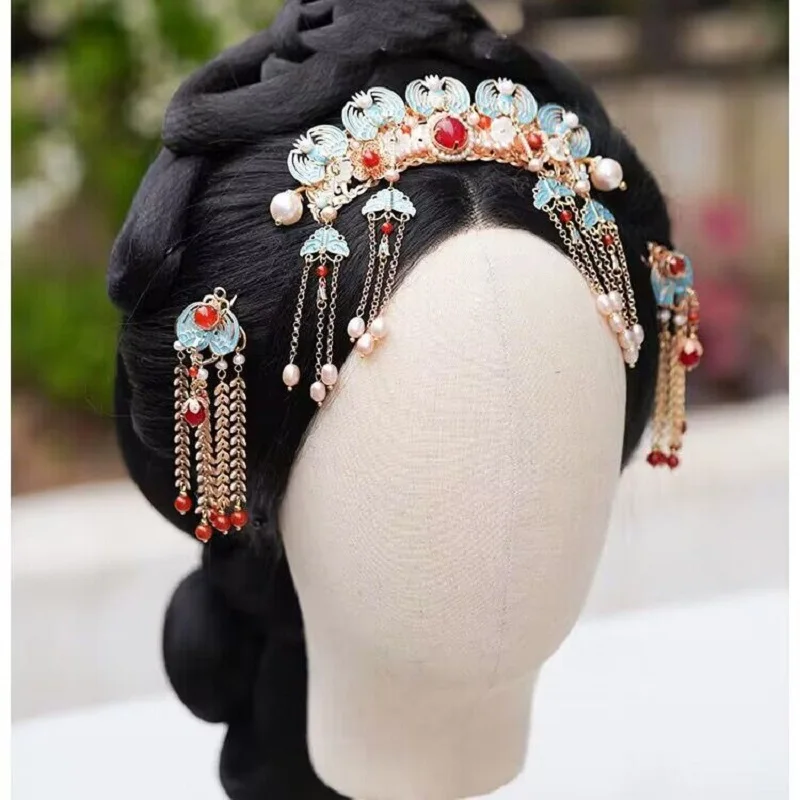 beads ribbon head dress 【chanuel】 Women's Blue Flowers With Imitation Gem Tassel Hair Crown