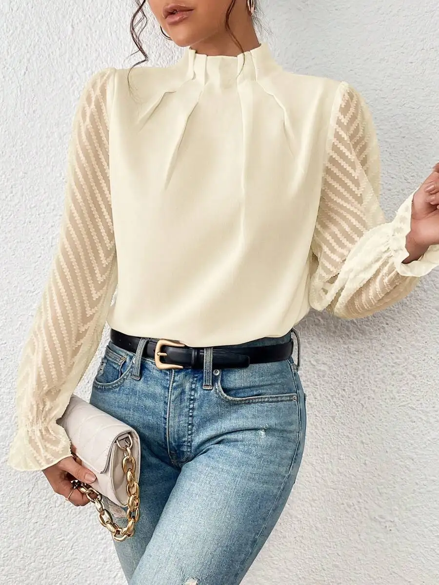 

Office Elegant Mesh Patchwork Chiffon Shirt Women Autumn Fashion Solid Long Sleeve Shirts For Women Casual White Blouse Top