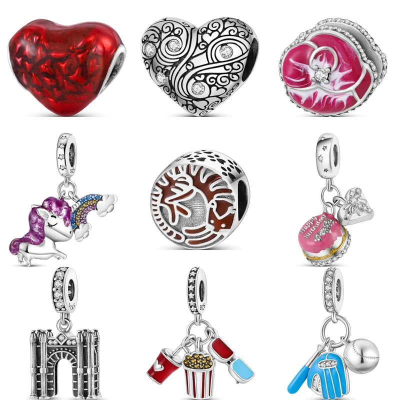 925 Sterling Silver Unicorn Rainbow Baseball Birthday Cake Ciondolo Cuore Perline Fit Originale Pandora Charms Bracciale Gioielleria Raffinata