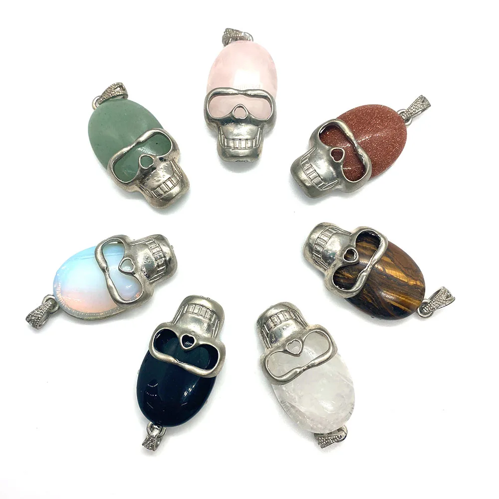 

Natural Stone Skull Pendant Copper Base Set Tiger's Eye Quartz Agate Lapis Lazuli for Necklace DIY Jewelry Making Accessories