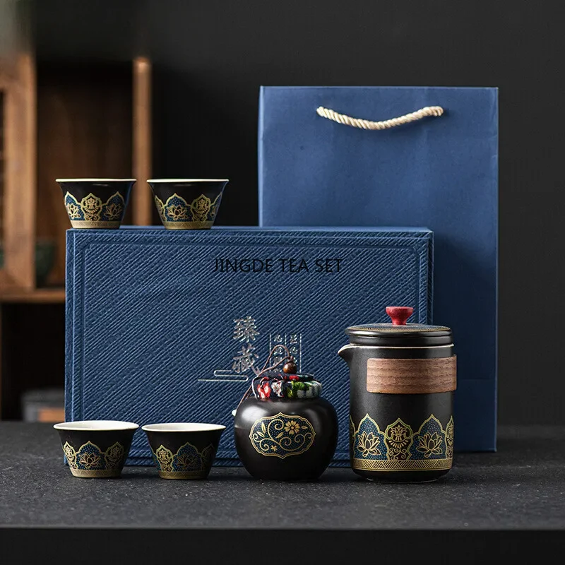 Outdoor Tea Ceremony Portable 1 Pot 4 Cups Travel Gift Box Luxury Chinese English Cup Set