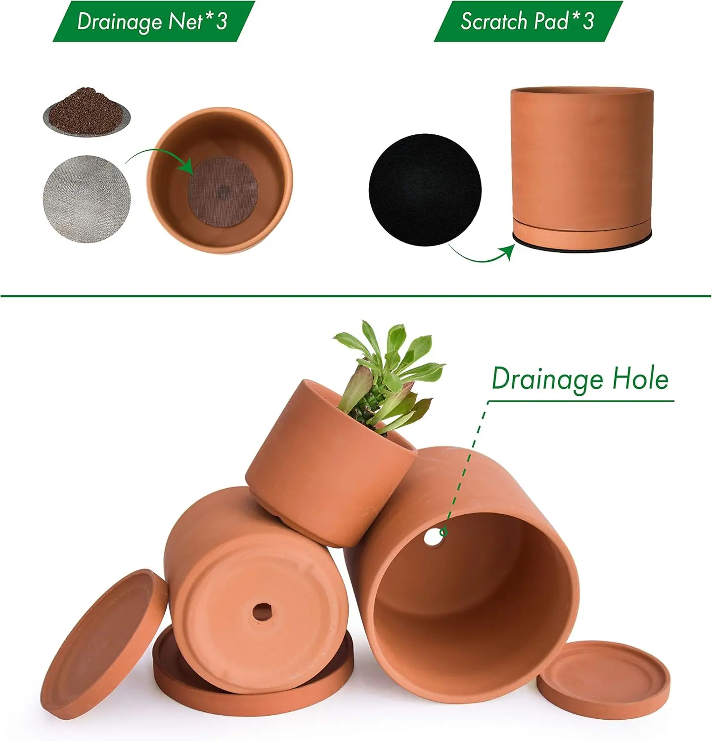 Terracotta pot trio on shelf