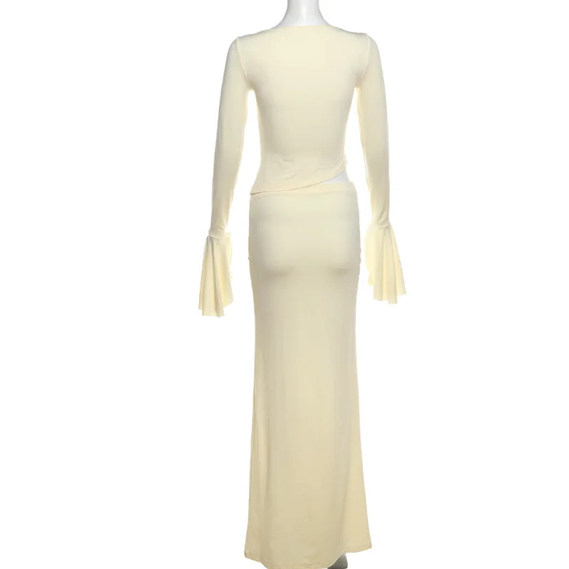 White Slim Patchwork 2 Piece-Set Long Skirt Female Patchwork Cropped Top And High Waist Maxi Skirt Sets Women Sexy Outfits