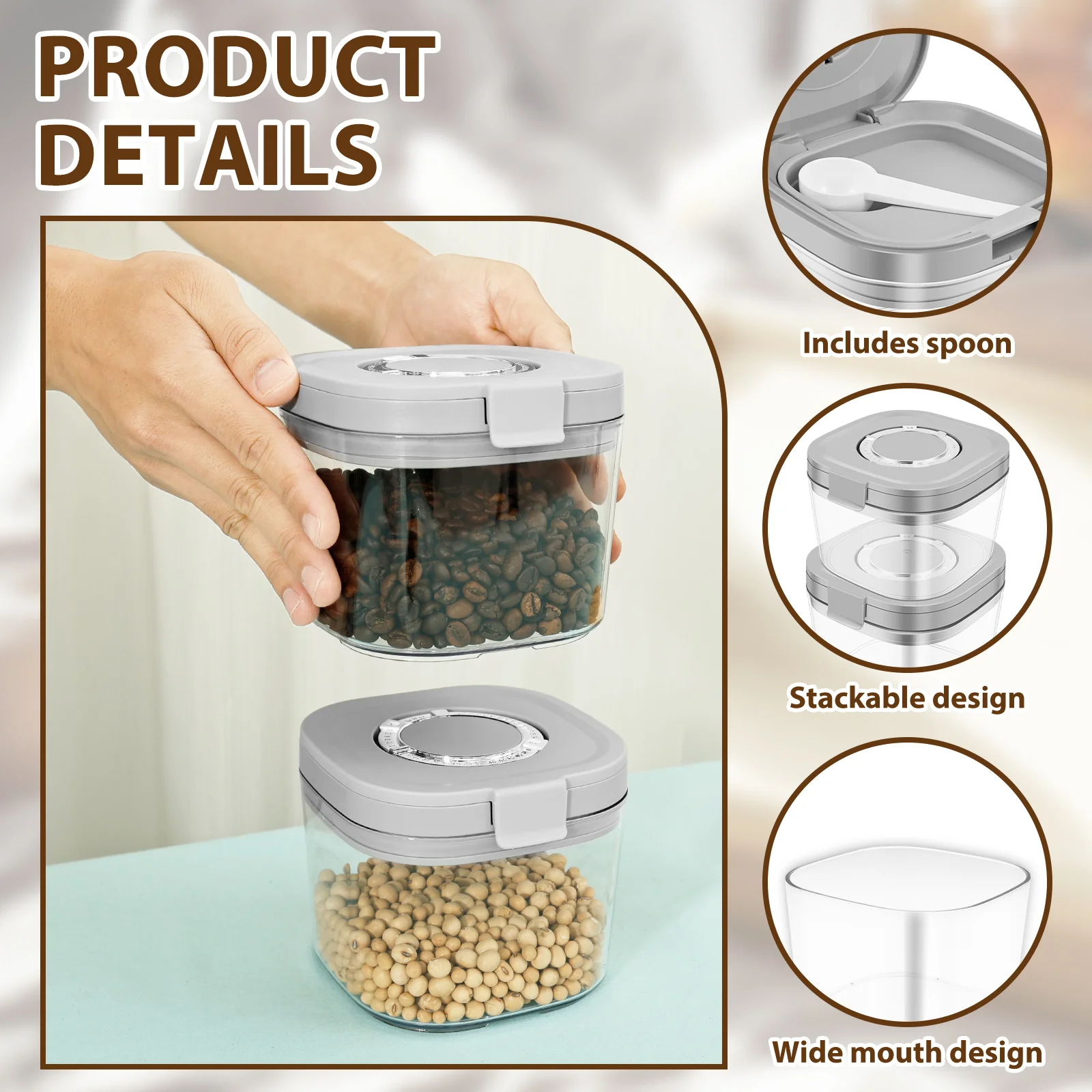 2Pcs Food Storage Jar ABS Airtight Coffee Canister with Scoop Stackable Coffee Bean Storage Container for Tea Sugar Flour Cereal