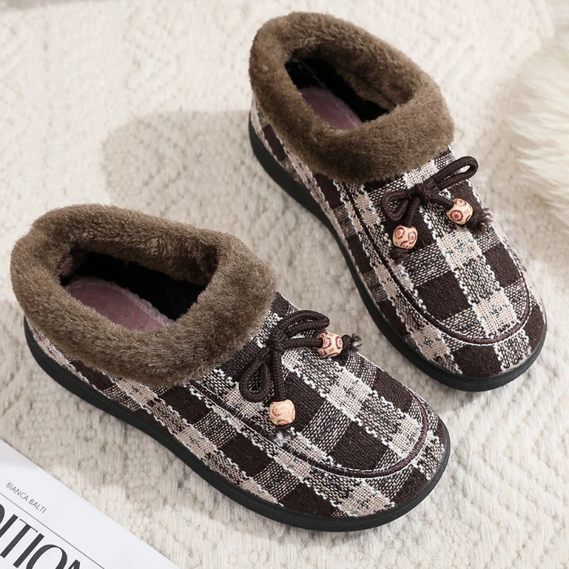Women's Shoes Round Toe Casual Flat Shoes Slip on Casual Shoes Winter Plush and Thickened Vintage Cotton Shoes Snow Boots