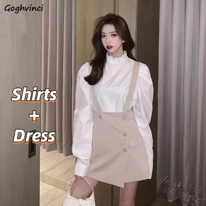 

Dress Sets Women Elegant Vintage Ladies Spring Autumn Office Solid Color A-line Mini Sexy Vestidos Sweet White Shirts Korean Ins
