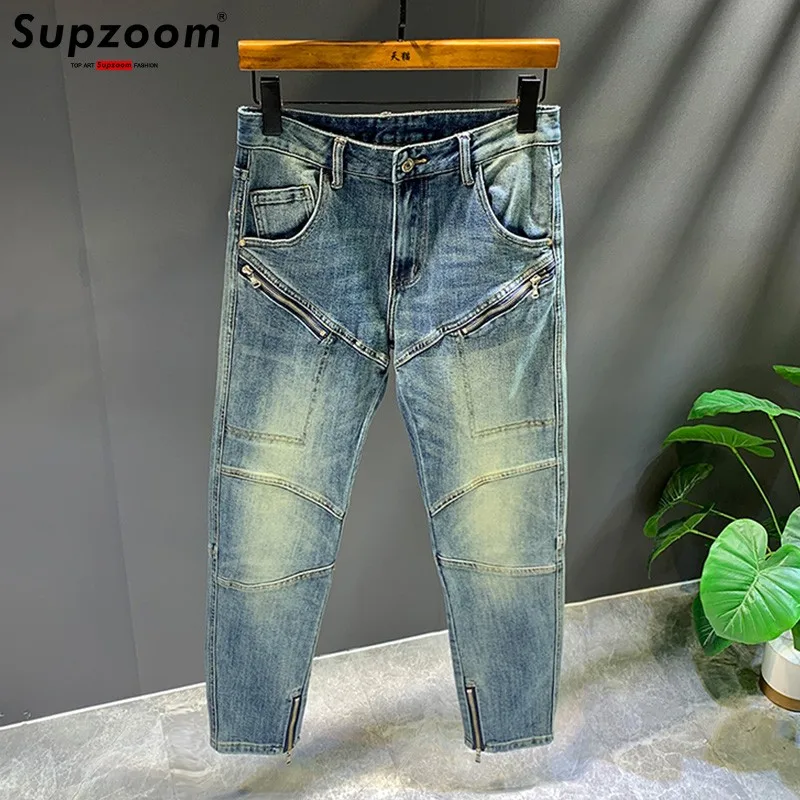 

Supzoom New Arrival Hot Sale Top Fashion Autumn Zipper Fly Stonewashed Casual Patchwork Cargo Denim Pockets Cotton Jeans Men